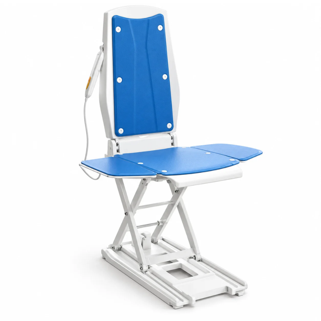 A white and blue VOCIC AX10 Multi-Functional Electric Bathtub & Floor Lift Chair with an integrated remote control.